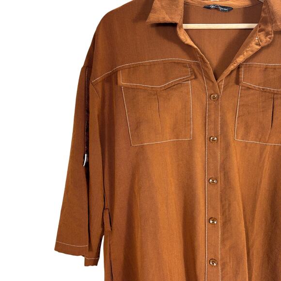 Pretty Garden Medium M Rust Brown Shirt Dress Pockets Roll Tab Sleeve Maxi - Picture 9 of 12